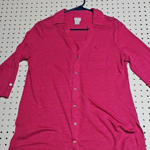 Chicos 100% Linen Button Down Top Chicos Sz 0 (sz 4) Bright Pink - Picture 1 of 13